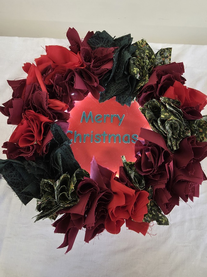 Heather -Christmas wreath, Stuart made the base and it is backlit